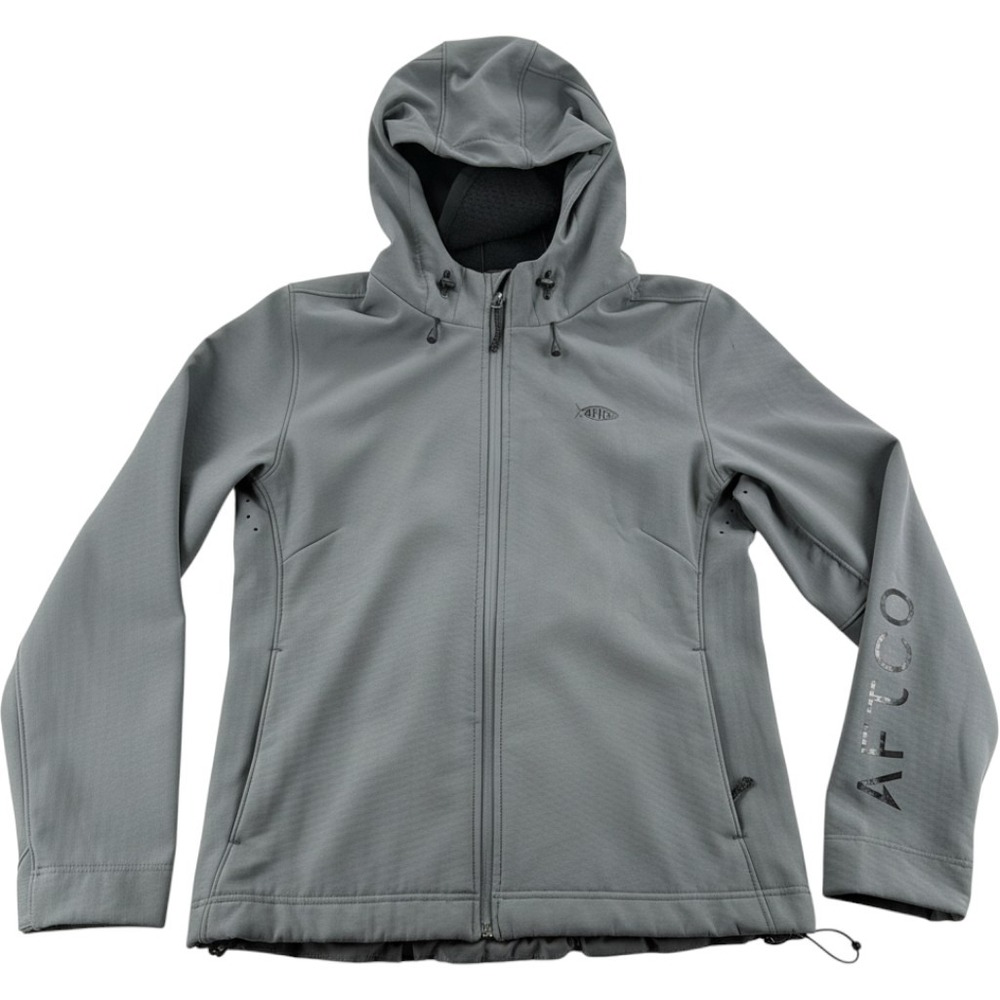 AFTCO Softshell Jacket Large AFTECH Gray Hooded Full Zip Fishing Coat 53685-00